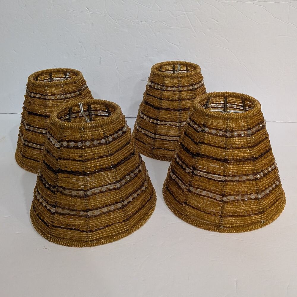 Set Of 4 Glass Beaded Light Shades 5" Tall Amber Clip On Bulb Chandelier Sconces